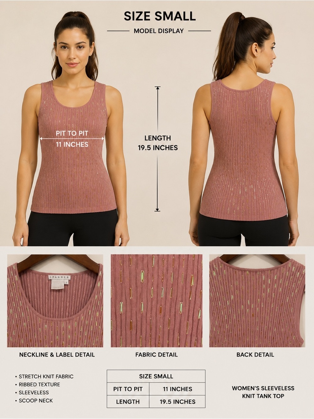 SPANNER Metallic Rose Ribbed Sleeveless Tank Top